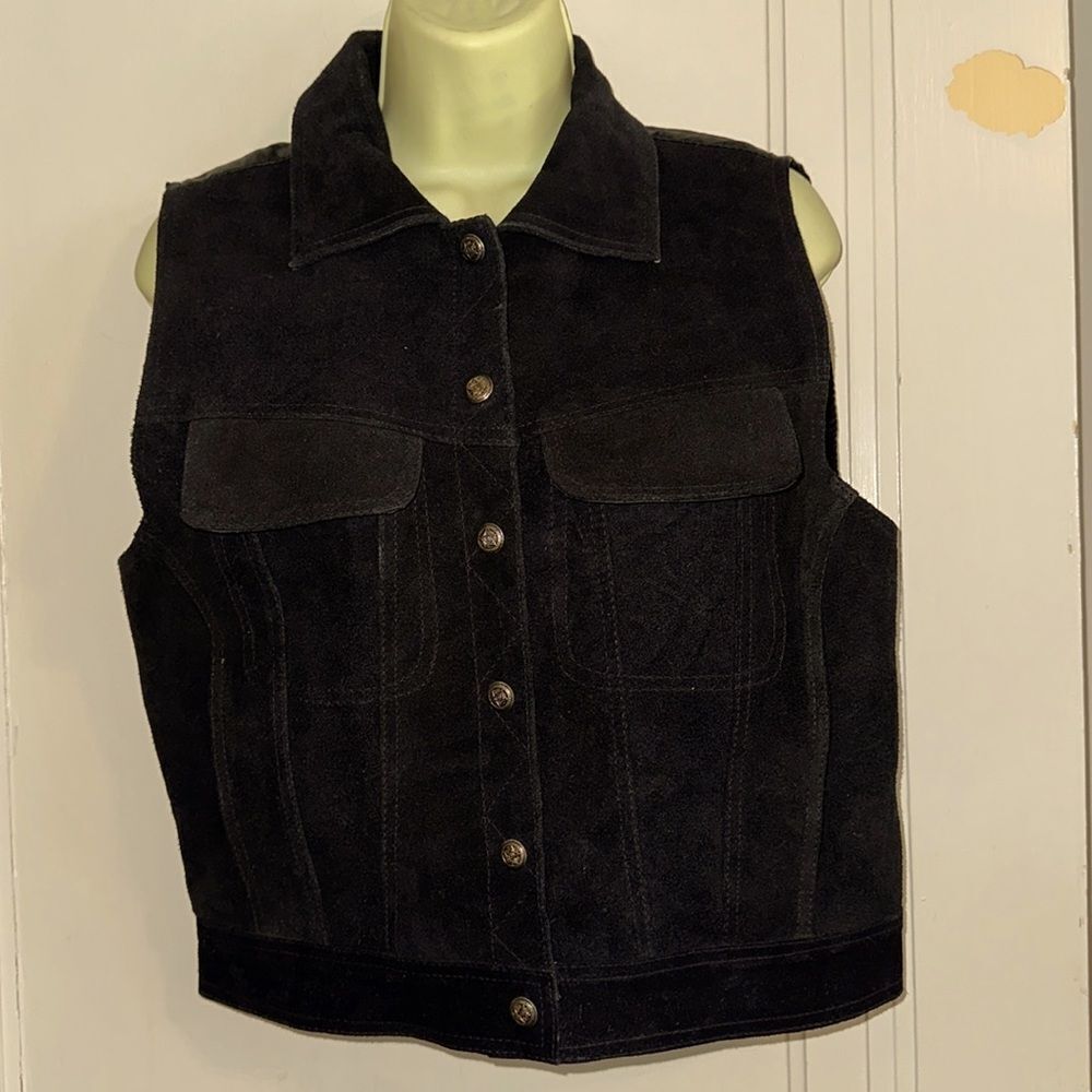 Vintage 80s/90s Mona Mode black suede leather vest with collar & pockets